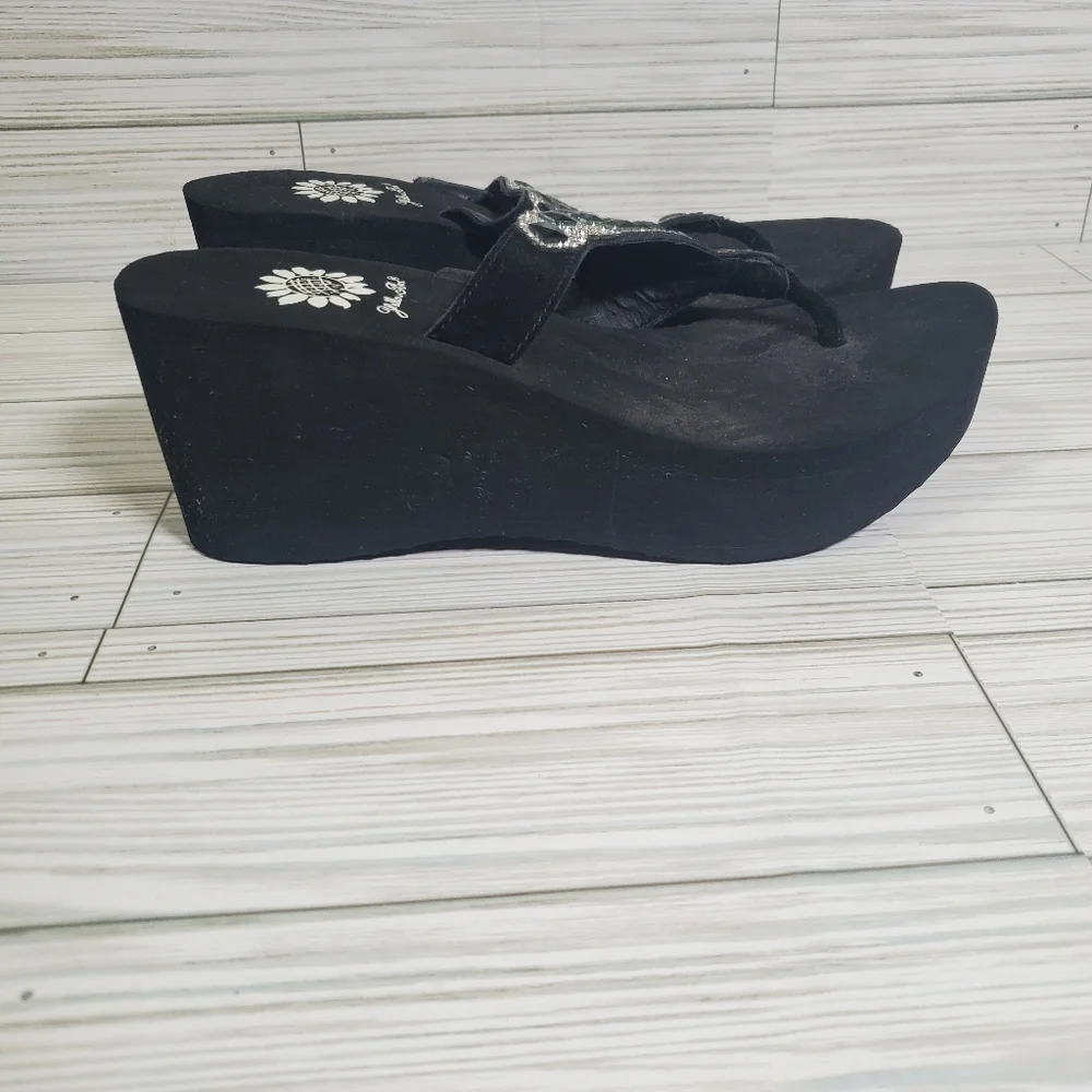 Yellow Box Black Sequin Gem Platform Wedge Womans‎ Sandals 6